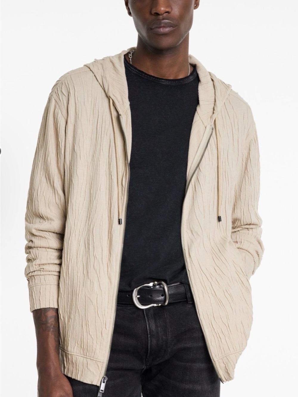 John Varvatos Crinkle-Texture Zip Hoodie in Beige